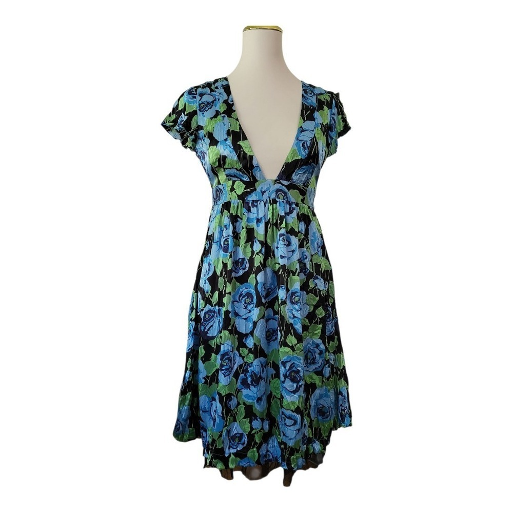 Free People Size 4 Floral Silk Flare Tulle Midi Dress Tie Back V-Neck